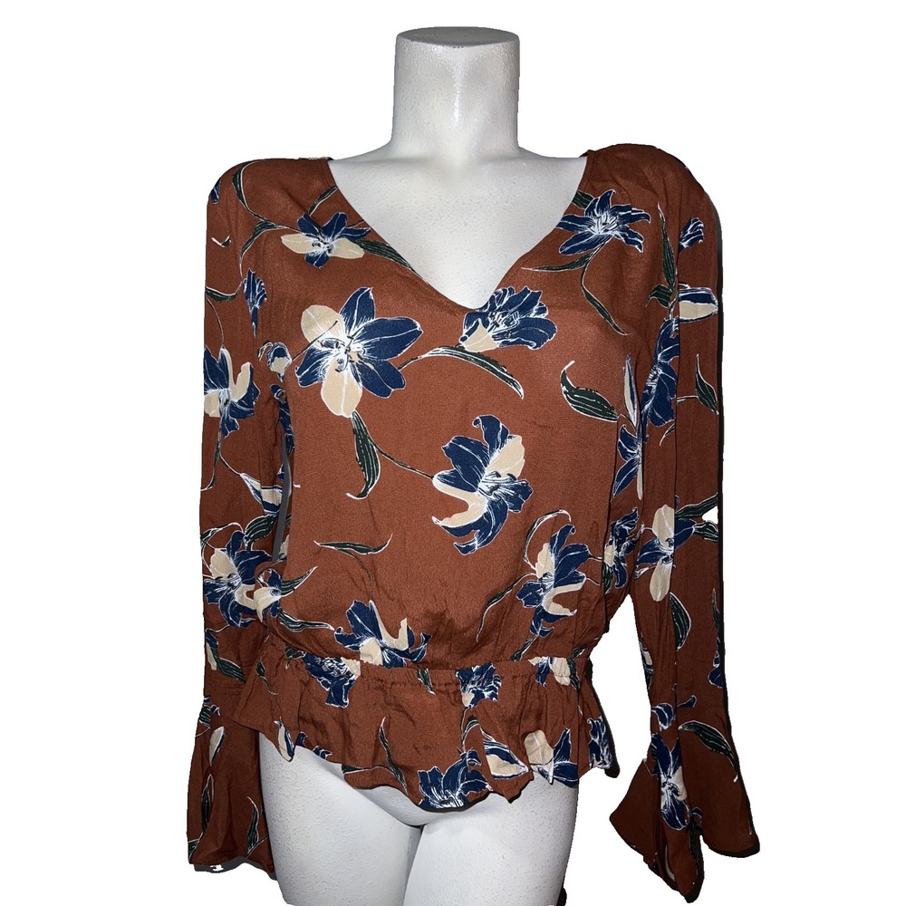 Lumiere Womens Rust Floral Open Back Peplum Top Bell Sleeve Boho Blouse Size M